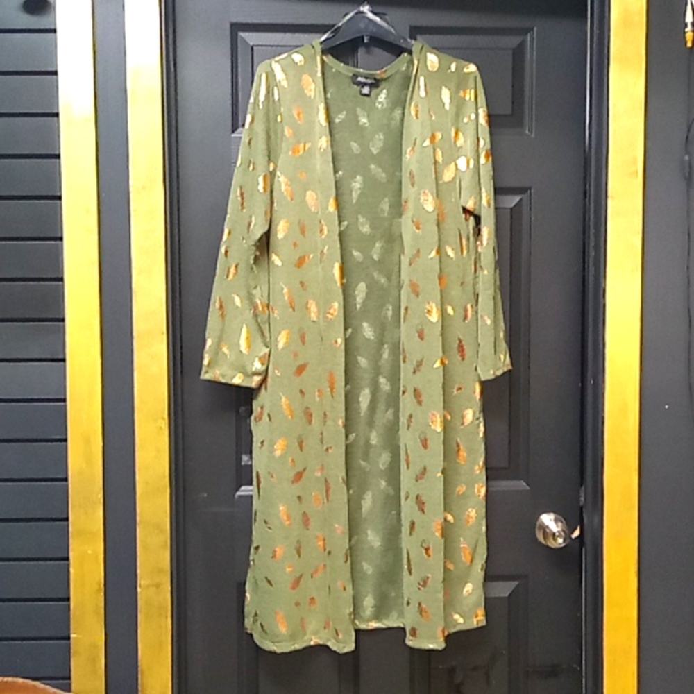 Rouge! Olive Green Duster Cardigan with Metallic Rose Gold Leaf Print